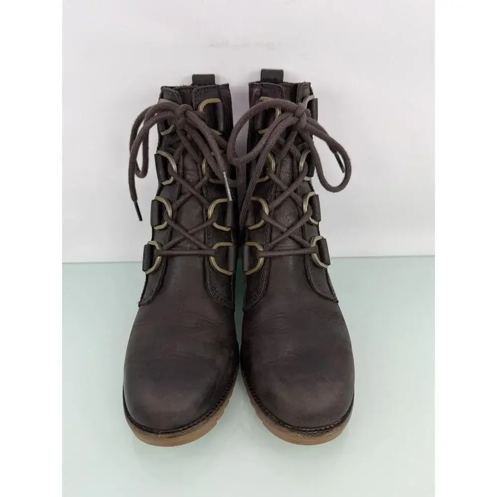 Sorel Cate Lace Bootie Dark Brown Leather Ankle Boots Block Heel Sz 6 Heritage - Picture 2 of 9